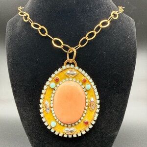 Liz Palacios Gold and Coral Cobachon Pendant Necklace 20” drop